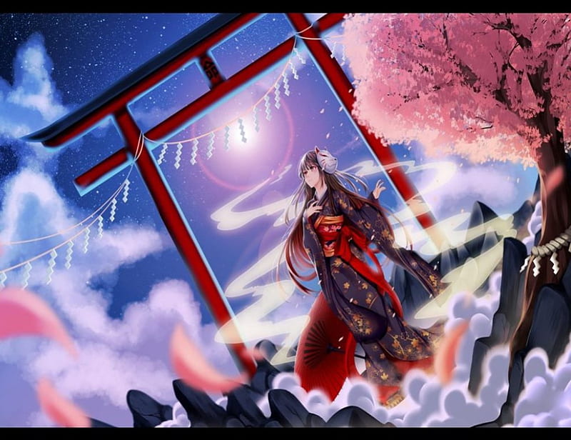 Anime torii gate sakura blossom dream moon