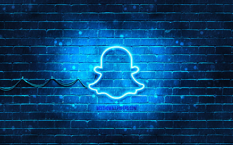 Snapchat blue logo blue brickwall, Snapchat logo, brands, Snapchat neon logo, Snapchat, HD wallpaper