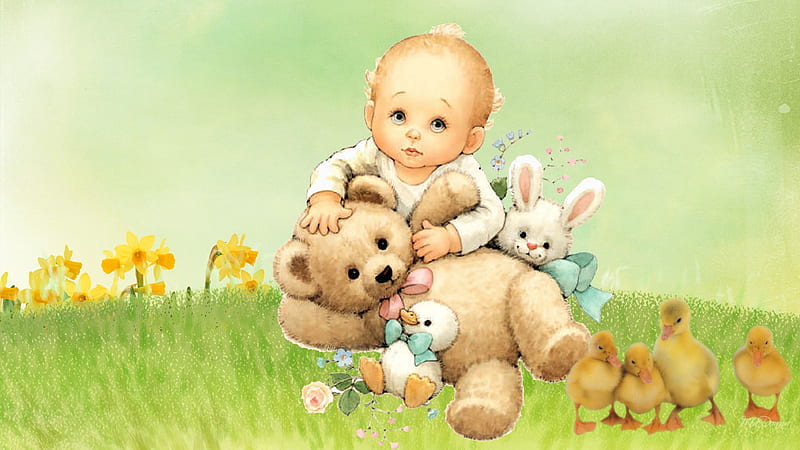 Love His Teddy Bear, green, grass, daffodils, flowers, ducklings, easter, field, HD wallpaper