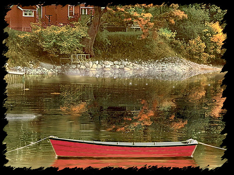 Red Rowboat in Autumn F1, rowboat, art, autumn, artwork, water, painting, waterscape, river, scenery, HD wallpaper