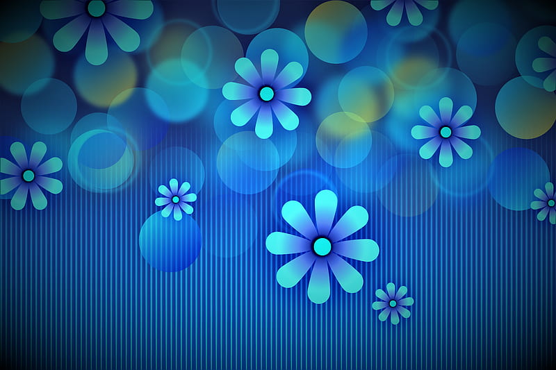 flowers, circles, lines, blue, pattern, HD wallpaper