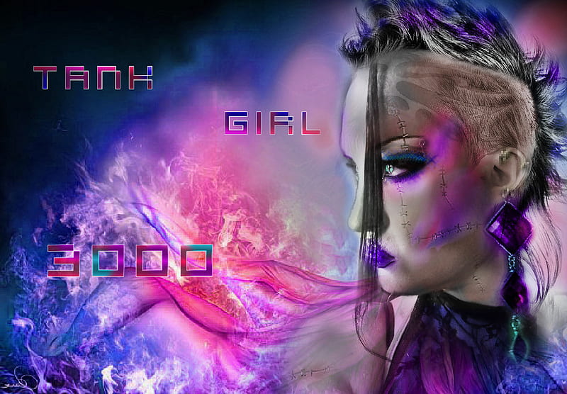 tank girl 300 fantasy struck, cg, cyber gothic, woman, earing, fantasy, gothic, weirdo, amazing, starrayne, punk hair, punk, water, cool, girl, crazy, makeup, vibrant, new, shaved, colour, HD wallpaper