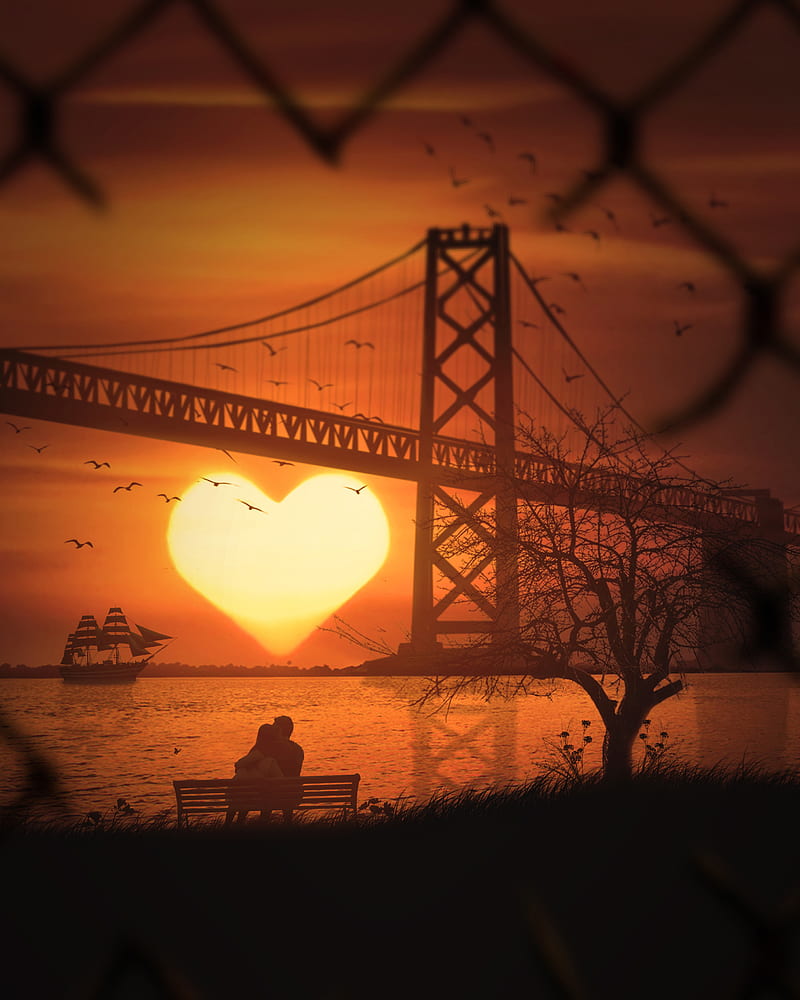 Sunset n love, bridge, lovers, poetic, sea, ship, sunrise, sunshine, watch, HD phone wallpaper