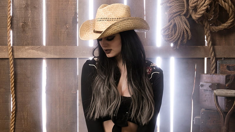 Cowgirl Paige, cowgirl, ropes, barn, hat, brunette, WWE, Saraya-Jade Bevis, actress, wrestler, shovel, Paige, wood, HD wallpaper
