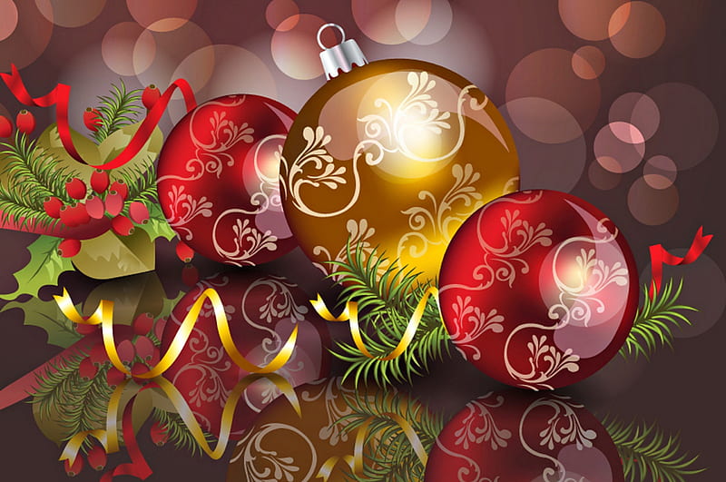 Merry Christmas, pretty, christmas balls, bonito, magic, xmas, bokeh, magic christmas, beauty, lovely, christmas, golden balls, ribbon, colors, christmas decoration, red balls, new year, happy new year, HD wallpaper