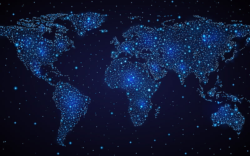 neon blue light world map, blue lights, world map concepts, communication world map, blue world map, technology world map, HD wallpaper