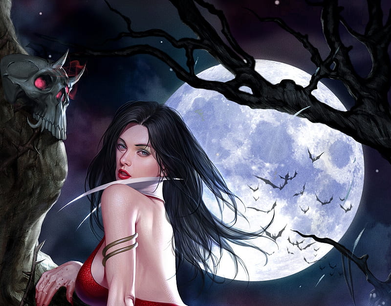 Vampirella, frumusete, fantasy, moon, girl, moon, vampire, inhyuk lee, night, luminos, HD wallpaper