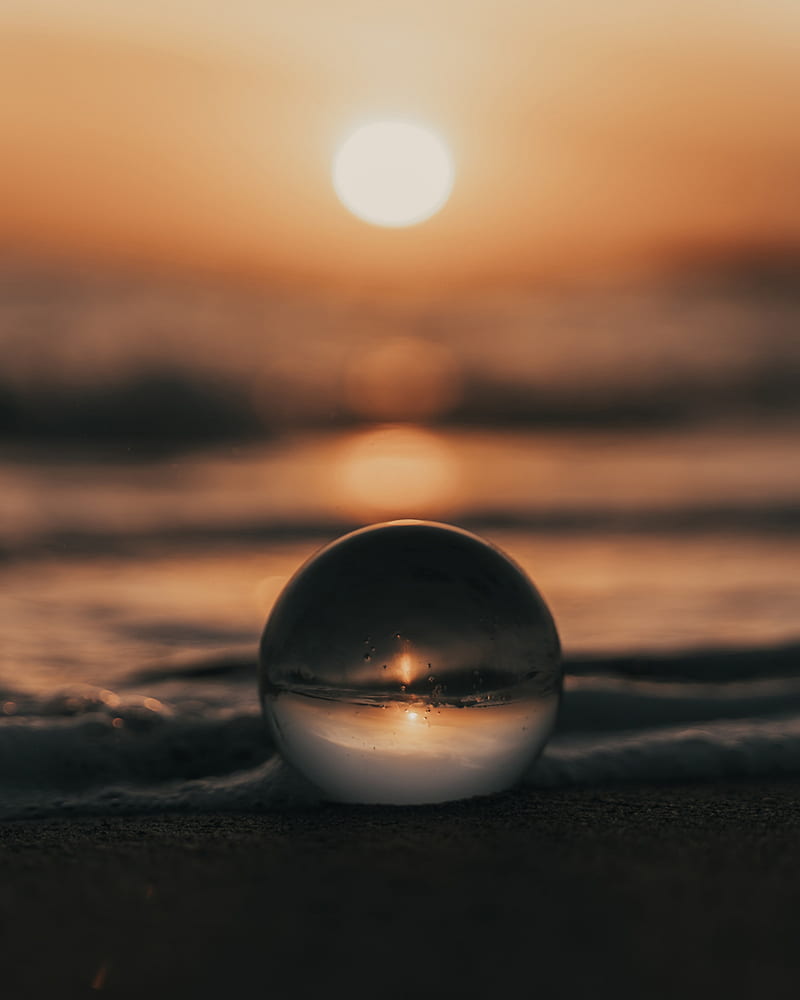 crystal ball, ball, sunset, beach, sea, HD phone wallpaper