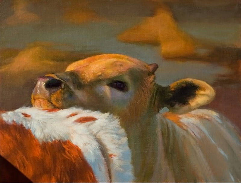 Calf, cute, art, cow, painting, pictura, tresa elliott, animal, HD wallpaper