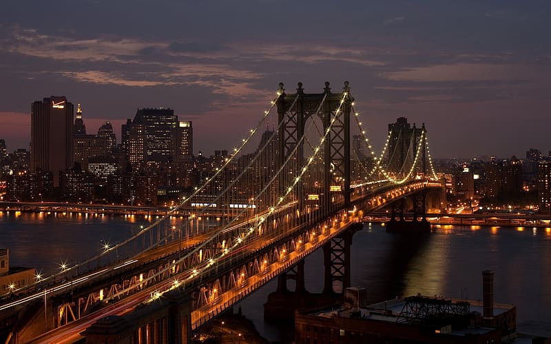 Bridges, Night, City, Light, Cityscape, New York, Manhattan Bridge, Manhattan, , Waterway, HD wallpaper