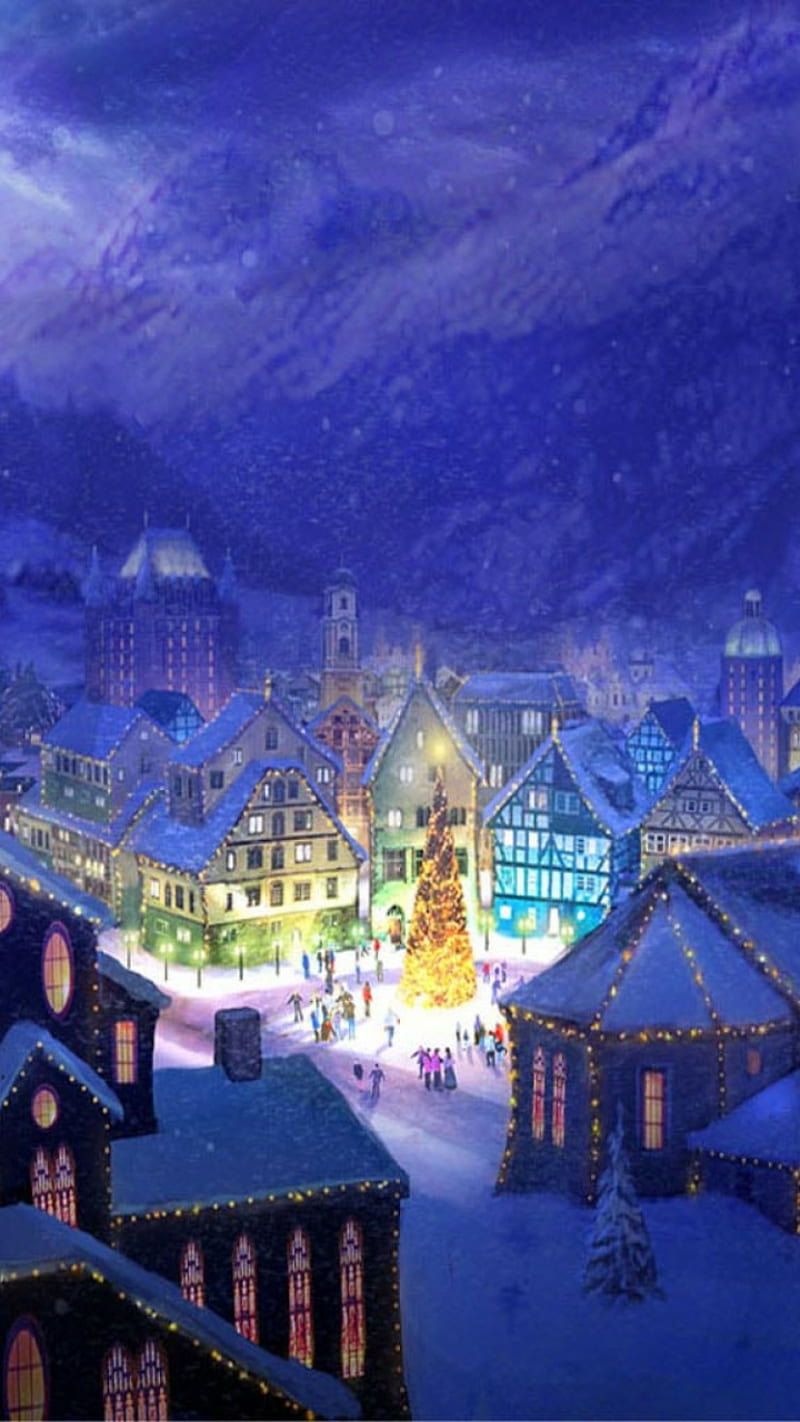 Christmas town, christmas, holiday, city, house, merry, merry chrismas, lights, lake, suburban, HD phone wallpaper