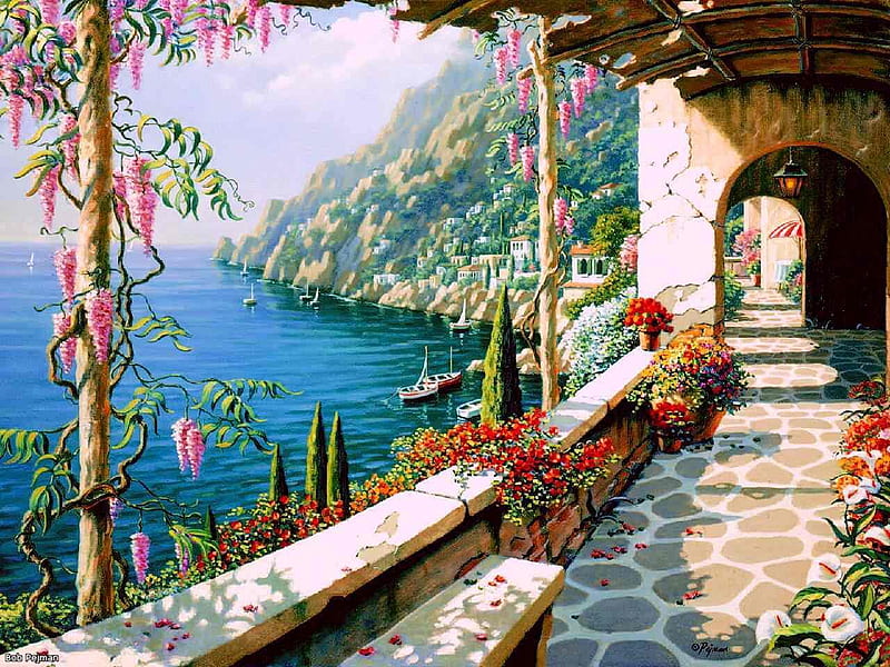 villa in capri, flowers, wall, ocean, door, HD wallpaper