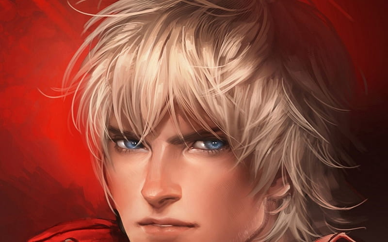 Devil may cry, red, art, dante, fighter, game, blonde hair, man, vergil, boy, fantasy, handsome, blue eyes, HD wallpaper