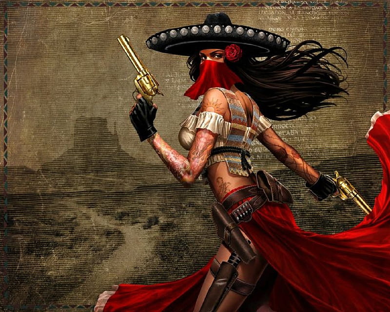Female Bandolero, guns, tattoos, woman, hat, HD wallpaper