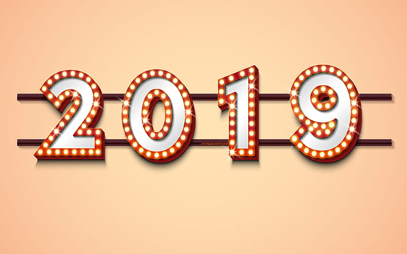2019 Year, Happy New Year 2019 retro light bulbs, casino, 2019 concepts, retro 2019 background, creative art, HD wallpaper