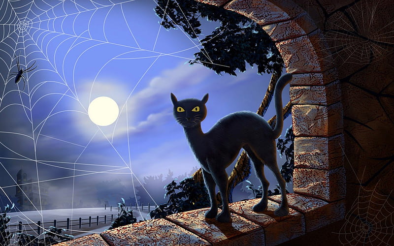 Black Cat, window, halloween, trees, cat, abstract, spider, spiderweb, moon, arch, web, full moon, brick archway, night, HD wallpaper