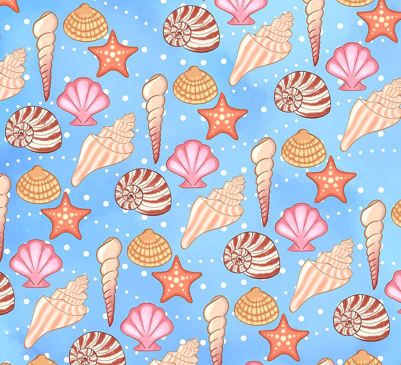 Pattern, starfish, summer, blue, shell, pink, texture, vara, orange, HD wallpaper
