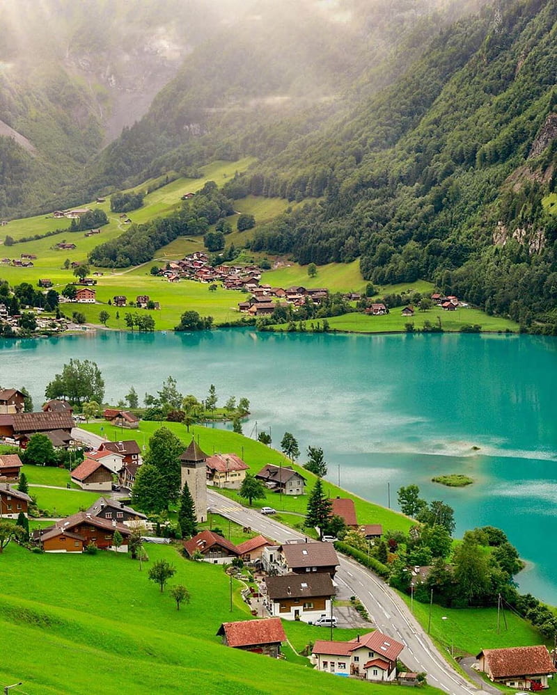 Village, lake, lakes, mountains, scenery, HD phone wallpaper | Peakpx