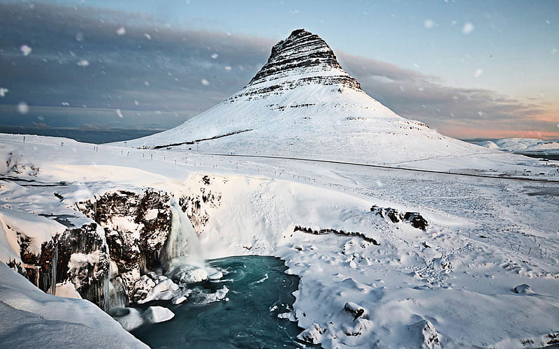 Kirkjufell Mount Kirkjufellsfoss, winter, icelandic landmarks, cliffs, Grundarfjordur, Iceland, Europe, R, HD wallpaper