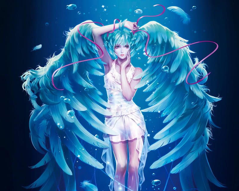 Hair Feathers, pretty, cg, magic, wing, sweet, fantasy, anime, feather, bubbles, beauty, anime girl, vocaloids, realistic, long hair, wings, lovely, ribbon, miku, singer, sexy, cute, water, idol, superstar, dress, hatsune miku, bonito, elegant, hot, light, blue, gorgeous, vocaloid, female, angel, diva, twintails, twin tails, 3d, girl, blue hair, HD wallpaper