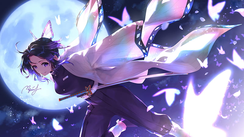 Demon Slayer Shinobu Kochou With Background Of Moon Dark Sky And Flying Butterflies Anime, HD wallpaper