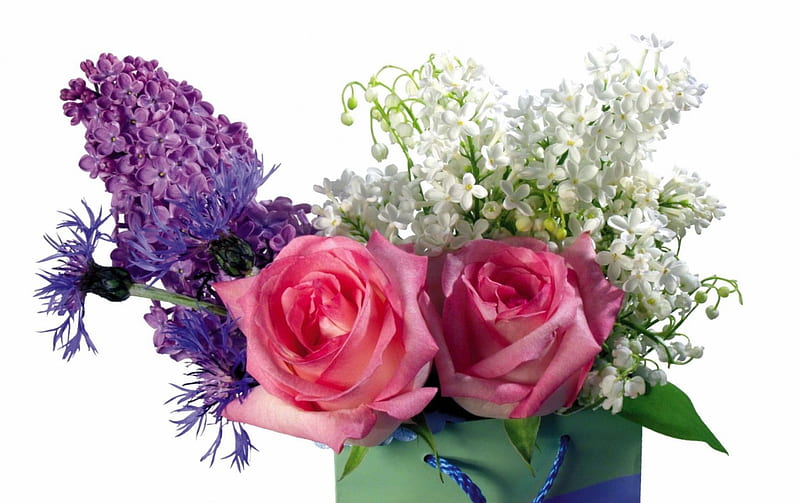 Lilacs, roses, and lilies for Miss Kate, lily of the valley, flowers, roses, lilacs, HD wallpaper