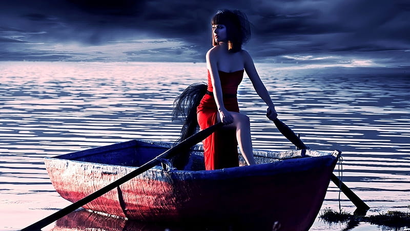 lady in red, water, boat, row, girl, HD wallpaper