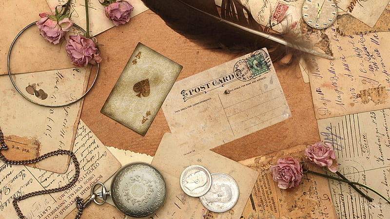 Memories, dying rose, playing card, ace of spades, old post cards, pocket watch, firefox persona, coins, antique, magnifying lgass, feather, vintage, HD wallpaper