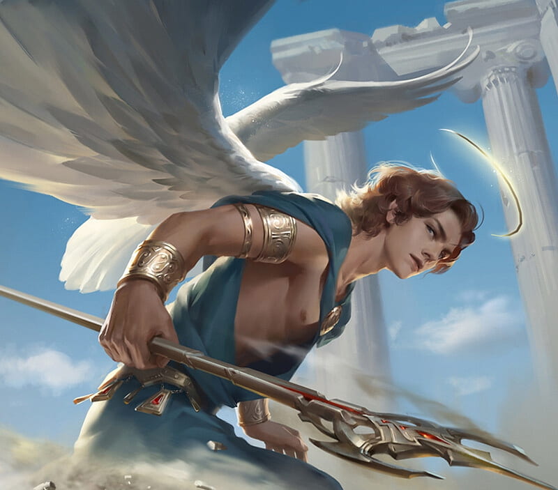 Angel by Yuanyuan Wang, wings, luminos, angel, man, white, sword, blue, yuanyuan wang, frumusete, fantasy, HD wallpaper