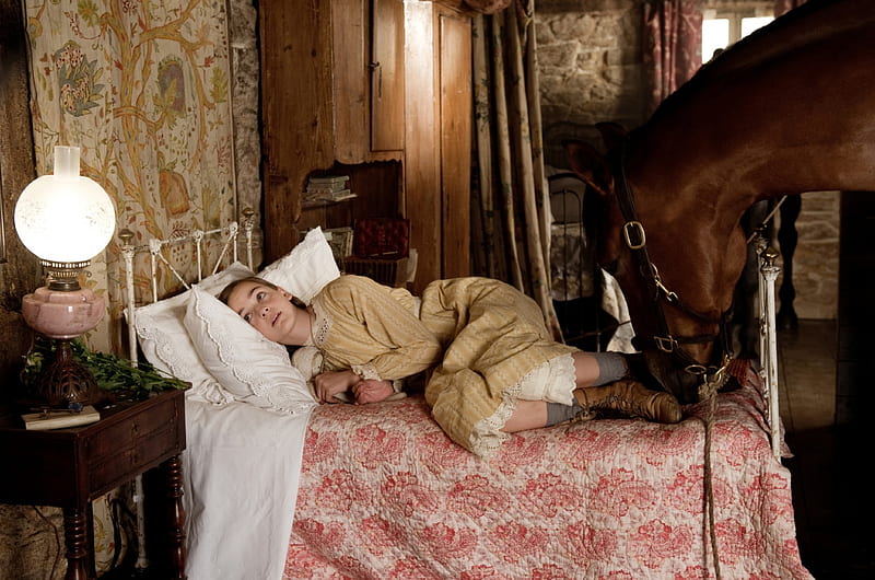 Cowgirl Celine Buckens, table, lamp, window, movie, books, bedroom, horse, bed, War Horse, Celine Buckens, nightstand, HD wallpaper
