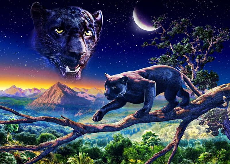 Spirit of Black Panther, predator, tree, mountains, nature, cat, artwork, HD wallpaper