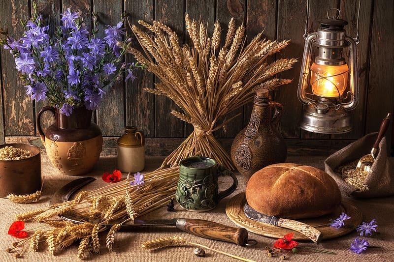 Wheat, Still Life, Flower, Lantern, Bread, , Purple Flower, HD wallpaper