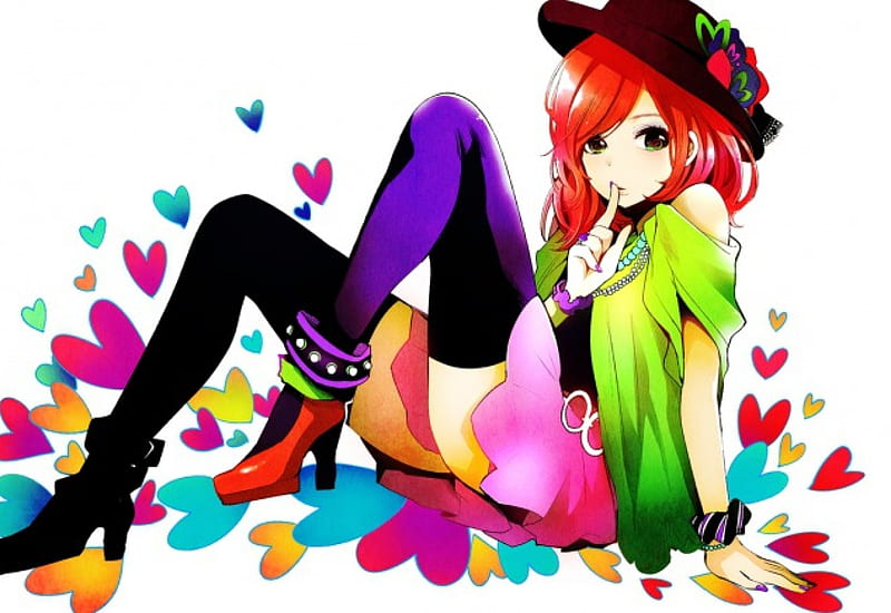 Can You Keep A Secret?, brown hat, redhead, green eyes, orange shoes, pink skirt, purple fingernails, girl, anime, colorful hearts, HD wallpaper