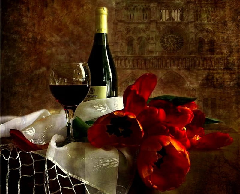 Romantic, still life, red tulips, wine bottle, flowers, wineglass, tulips, wite table scarf, HD wallpaper