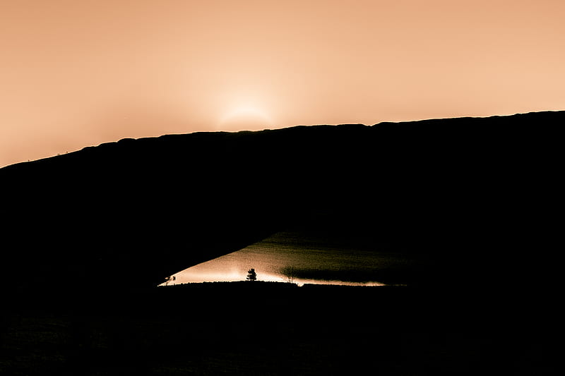 sunset, dark, landscape, water, shore, HD wallpaper
