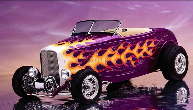 hot rod, purple, hotrod, flames, ford, HD wallpaper