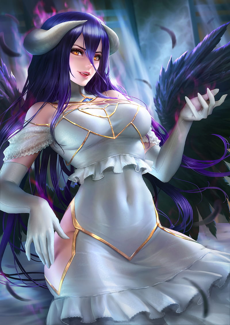 Albedo (OverLord), Overlord (anime), anime, anime girls, dark hair, long hair, horns, fantasy girl, succubus, wings, feathers, looking at viewer, yellow eyes, smiling, fangs, dress, white clothing, white dress, elbow gloves, white gloves, portrait display, vertical, fantasy art, illustration, drawing, artwork, digital art, fan art, NeoArtCorE (artist), belly, tight clothing, HD phone wallpaper
