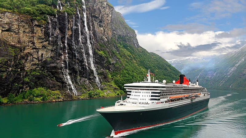 Mountain, Waterfall, Ship, Norway, Cruise Ship, Vehicles, Fjord, Rms Queen Mary 2, HD wallpaper