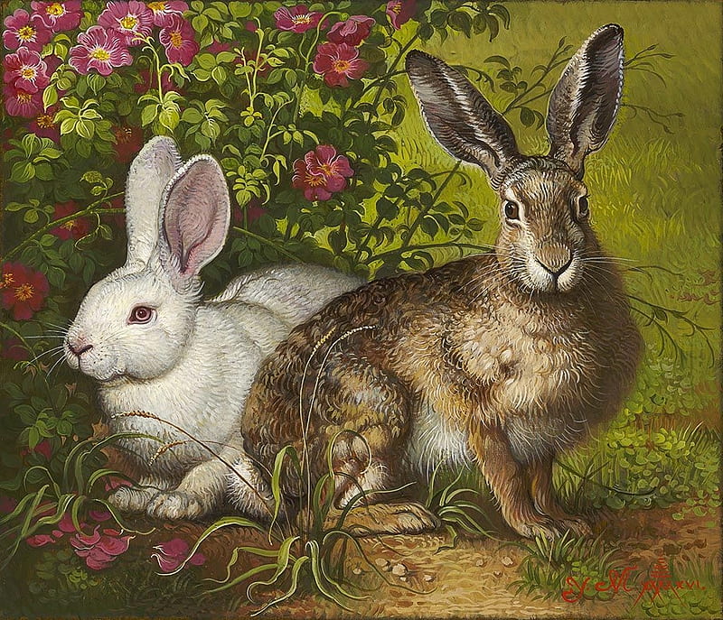 Brown and white, green, yana movchan, painting, bunny, pink, animal, art, rabbit, flower, white, couple, HD wallpaper