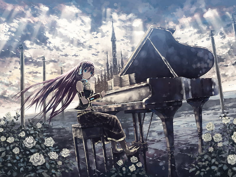 Luka Megurine Playing Piano, vocaloid, girl, anime, flowers, castle, long hair, pink, piano, HD wallpaper