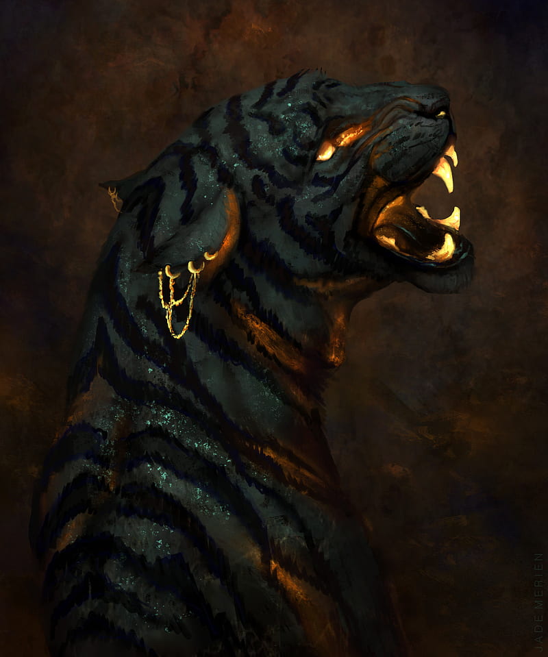 Gold by Jade Merien, tiger, art, painting, animal, cat, nature, HD phone wallpaper