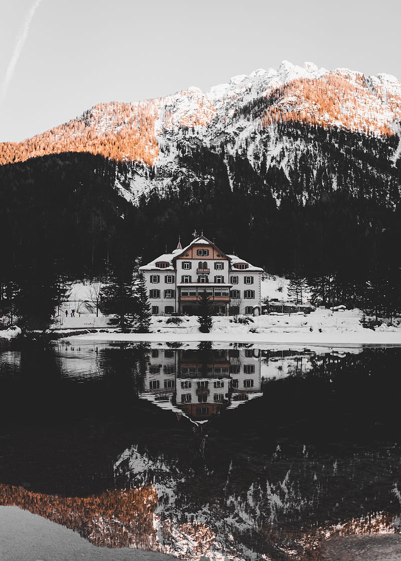 house, lake, mountains, landscape, reflection, HD phone wallpaper