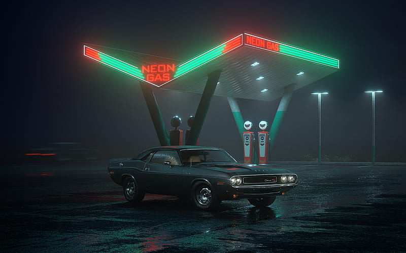 futuristic city, retro car, gas station, Fantasy, HD wallpaper
