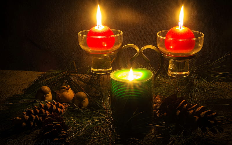 Merry Christmas!, candle, red, christmas, green, craciun, pine cone, card, light, nuts, HD wallpaper