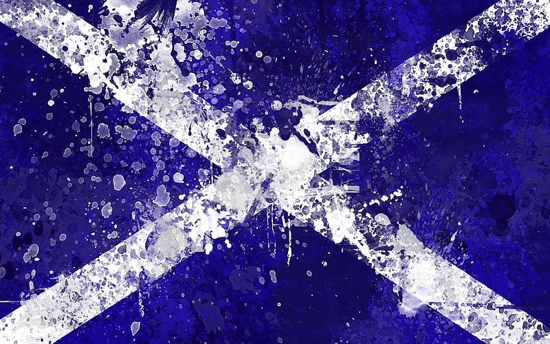 Flag of Scotland, grunge art, paint splashes, creative art, Scottish flag, blue flag, Scotland, HD wallpaper
