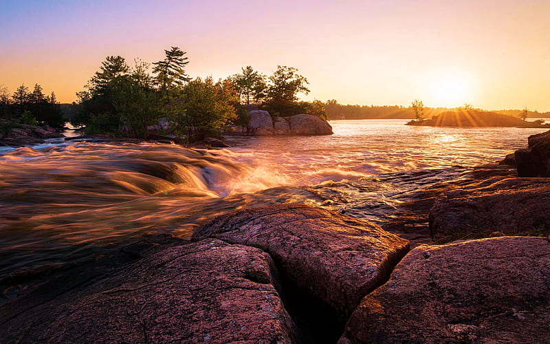 Burleigh Falls, Kawartha Lakes, Ontario, rocks, canada, island, waterfall, trees, sunset, HD wallpaper