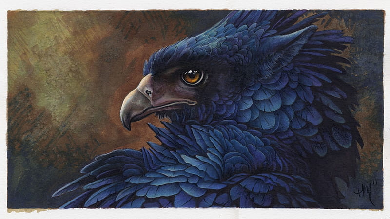 Griffin, fantasy, luminos, bird, griphon, feather, blue, creature, HD wallpaper