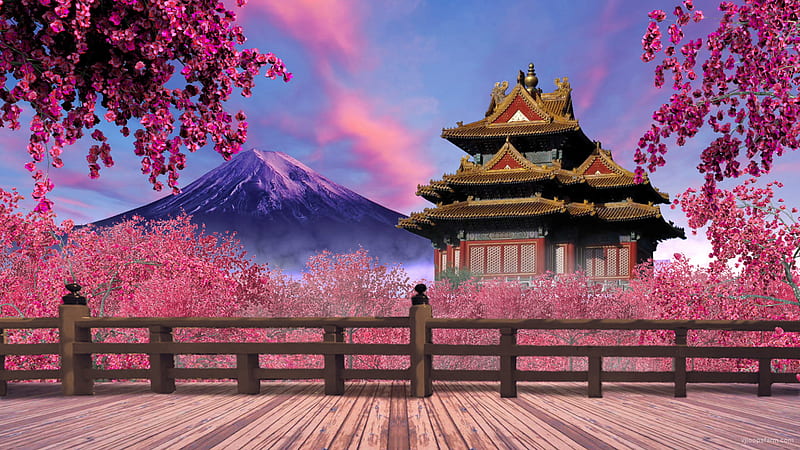 Pagoda Pink Blossom Flowers Mountain Blue Sky Anime Background Anime Background, HD wallpaper