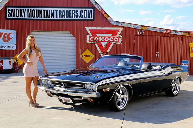 1971 Dodge Challenger Convertible 340 and Girl, 340, Old-Timer, Convertible, Challenger, Car, Muscle, Dodge, Girl, HD wallpaper