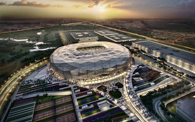 Qatar Foundation Stadium, sunset, Qatar Stars League, aerial view, Doha, football stadium, Education City Stadium, soccer, 2022 FIFA World Cup, Qatari stadiums, Qatar, HD wallpaper